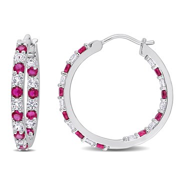 Sofia B 3 5/8 cttw Created Ruby and Created White Sapphire Hoop Earrings