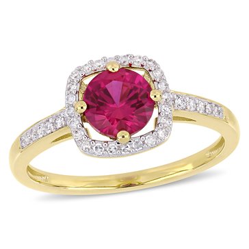 Sofia B 1 ct Created Ruby and 1/7 cttw Diamond Halo Ring