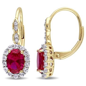 Sofia B 3 3/8 Oval Created Ruby, White Topaz and Diamond Accent Leverback Earrings