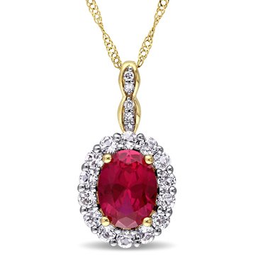 Sofia B. Oval Created Ruby, White Topaz and Diamond Pendant Drop Necklace