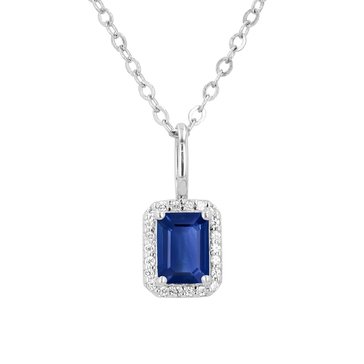 Created Sapphire Octagon Cut with White Topaz Halo Pendant
