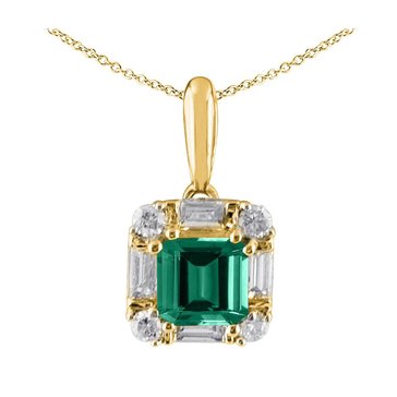 Created Emerald with Baguette and Round Cut White Topaz Halo Pendant
