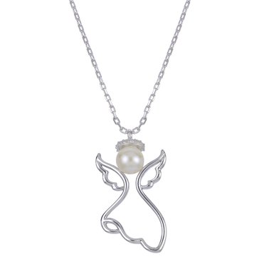 Imperial Created White Sapphire and Freshwater Cultured Pearl Angel Pendant