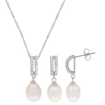 Imperial Freshwater Cultured Pearl and CZ Oval Shape Pendant and Earring Set