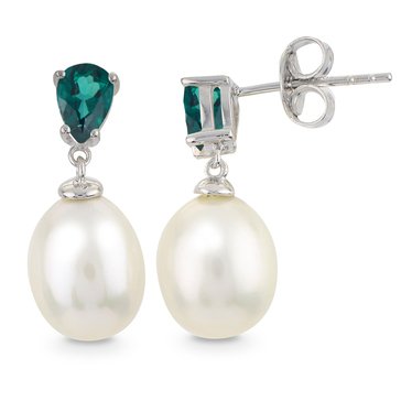 Imperial Freshwater Cultured Pearl and Pear Cut Lab Created Emerald Earrings