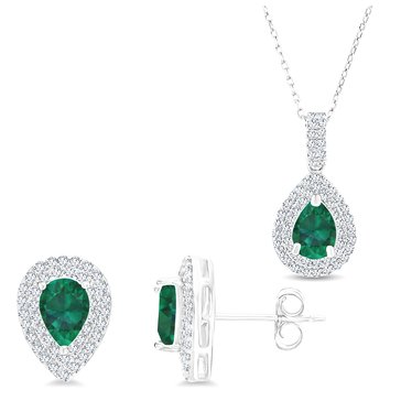 Pear Cut Created Emerald with Created White Sapphire Necklace and Earring Set