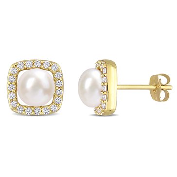 Sofia B. Freshwater Cultured Pearl 3/8 cttw Created White Sapphire Halo Earrings