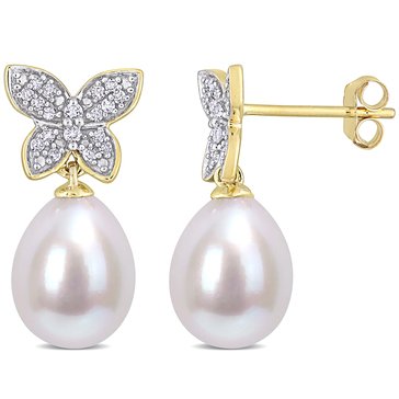 Sofia B. Freshwater Cultured Pearl and 1/8 cttw Diamond Butterfly Drop Earrings