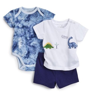 Wanderling Baby Boys Dinosaur 3-Piece Bodysuit And Shorts Set