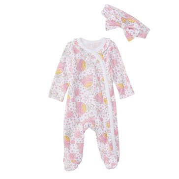 Wanderling Baby Girls Flower Ruffle Coverall with Headband