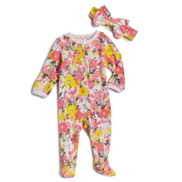 Wanderling Baby Girls Floral Ruffle Coverall With Headband