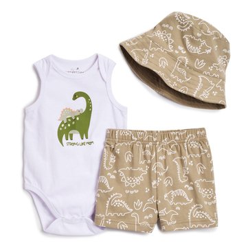 Wanderling Baby Boys Dinosaur Bodysuit And Shorts Set With Sunhat