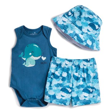Wanderling Baby Boys Whale Bodysuit And Shorts Set With Sunhat
