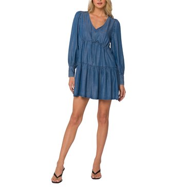 Velvet Heart Women's Long sleeve V-Neck Drawstring Tier Mini Dress