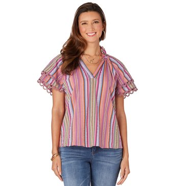 Democracy Women's Stripe Flounce Sleeve Blouse