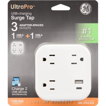 GE Surge Tap, 3 Adapter Spaced Outlets, 1 USB-A, 1 USB-C, 3.4A, 17W, 980 Joules