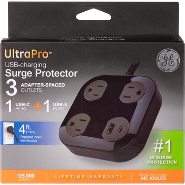 GE Surge Protector, 3 Outlet, 1 USB-A, 1 USB-C, 20W Shared, 245J, Braided Cord, 4ft