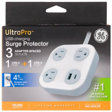 GE Surge Protector, 3 Outlet, 1 USB-A, 1 USB-C, 20W Shared, 245J, Braided Cord, 4ft