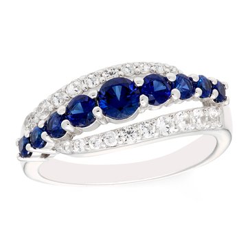 Created Blue And White Sapphire Oval Cut Row Ring