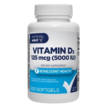 Exchange Select Vitamin D3 125mcg/5000 IU Softgels, 100-Count