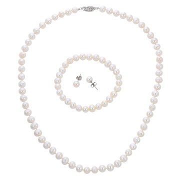 Imperial Freshwater Cultured Pearl Necklace Bracelet and Stud Earrings Set