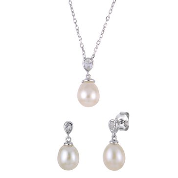 Imperial Freshwater Cultured Pearl Created White Sapphire Pendant and Earring Boxed Set