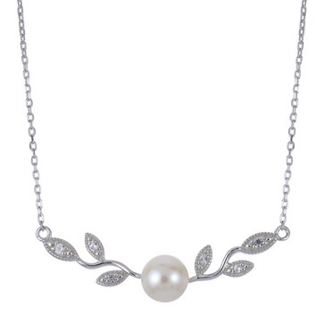 Imperial Freshwater Cultured Pearl Created White Sapphire Leaf Necklace