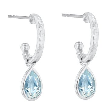 Hammered Metal Hoop with Swiss Blue Topaz Drop Earrings