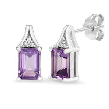 Amethyst Emerald Cut Drop Stud Earrings with White Sapphire Accents