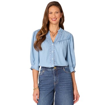 Democracy Women's Button Down Crochet Inset Top