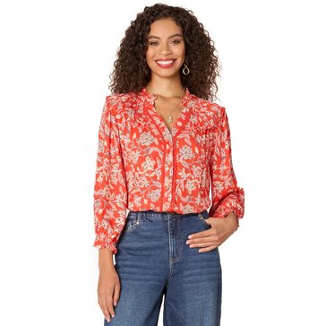 Democracy Women's Blouson Sleeve Ruffle Neck Top