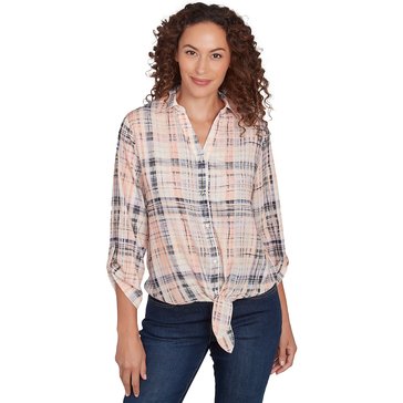Emaline Women's Roll Tab Painted Plaid Blouse