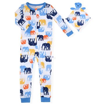 Sleep On It Baby Boys' Elephant Long Sleeve Tight Fit Zip Front Coverall with Blankey Buddy