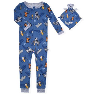 Sleep On It Baby Boys' Zoo Long Sleeve Tight Fit Zip Front Coverall with Blankey Buddy