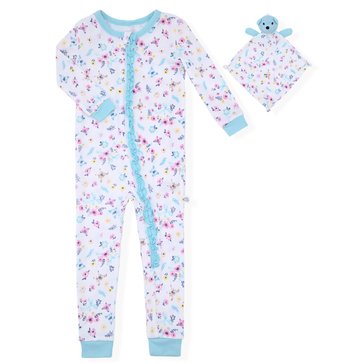 Sleep On It Baby Girls' Butterfly Floral Long Sleeve Tight Fit Zip Front Coverall with Blankey Buddy