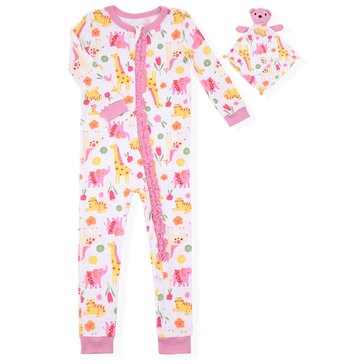 Sleep On It Baby Girls' Magical Safari Long Sleeve Tight Fit Zip Front Coverall with Blankey Buddy