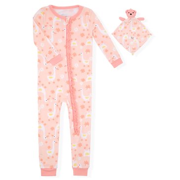Sleep On It Baby Girls' Ducklings Long Sleeve Tight Fit Zip Front Coverall with Blankey Buddy