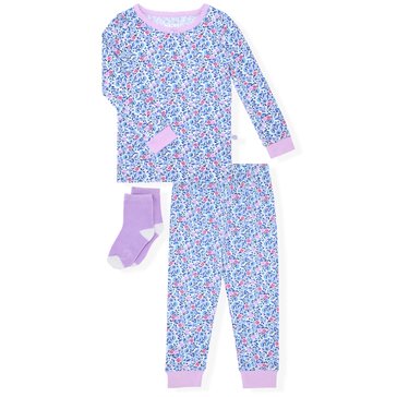 Sleep On It Baby Girls' Ditzy Flowers Long Sleeve Tight Fit Set with Socks, 2-Piece
