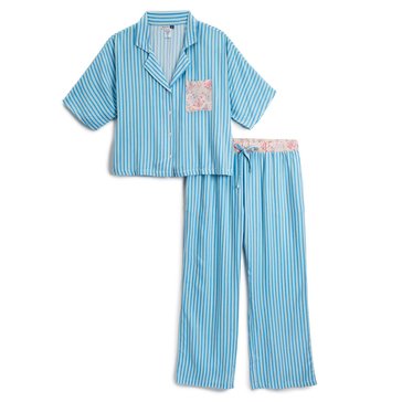 Yarn & Sea Women's Striped Notch Collar Cropped Sleep Set