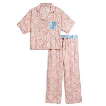 Yarn & Sea Women's Floral Notch Collar Cropped Sleep Set