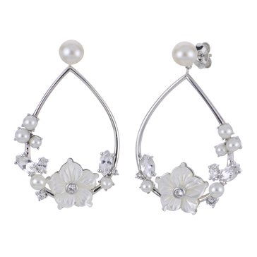 Imperial Freshwater Cultured Pearl and Created White Sapphire Floral Teardrop Earrings