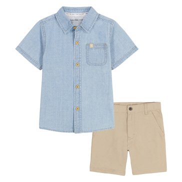 Calvin Klein Baby Boys' Solid Woven Short Jean Set, 2-Piece