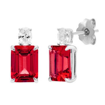 Created Ruby Emerald Cut with White Sapphire Accents Stud Earrings