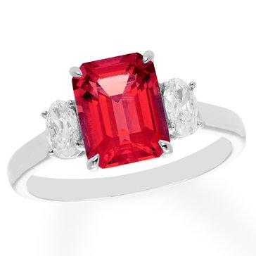 Created Ruby Emerald Cut with White Sapphire Accents Ring