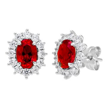 Created Ruby Oval Cut with White Sapphire Halo Stud Earrings