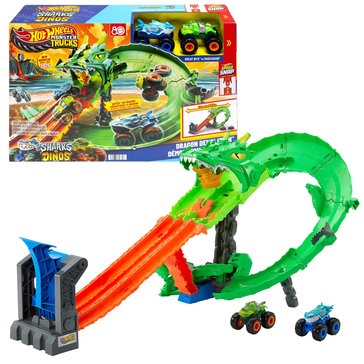 Hot Wheels Monster Trucks Sharks VS Dinos Dragon Destruction Playset