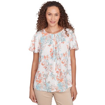 Emaline Women's Flare Sleeve Pintuck Painterly Floral Blouse