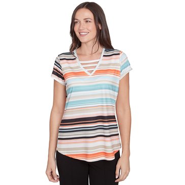 Emaline Women's Stripe Lattice V-Neck Tee Petite