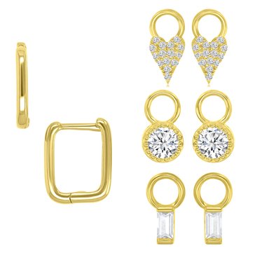 Charm Bar Baguette Heart Charms with CZ Dangling Round Polished Square Huggie Earrings