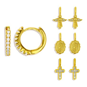 Charm Bar Virgin Mary Cross Charms with CZ Angel Pave Huggie Earrings